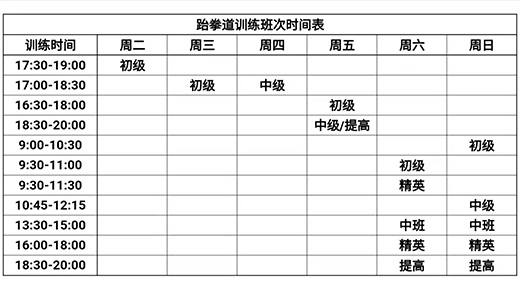 北京市东城区飞驰俱乐部跆拳道培训课程安排